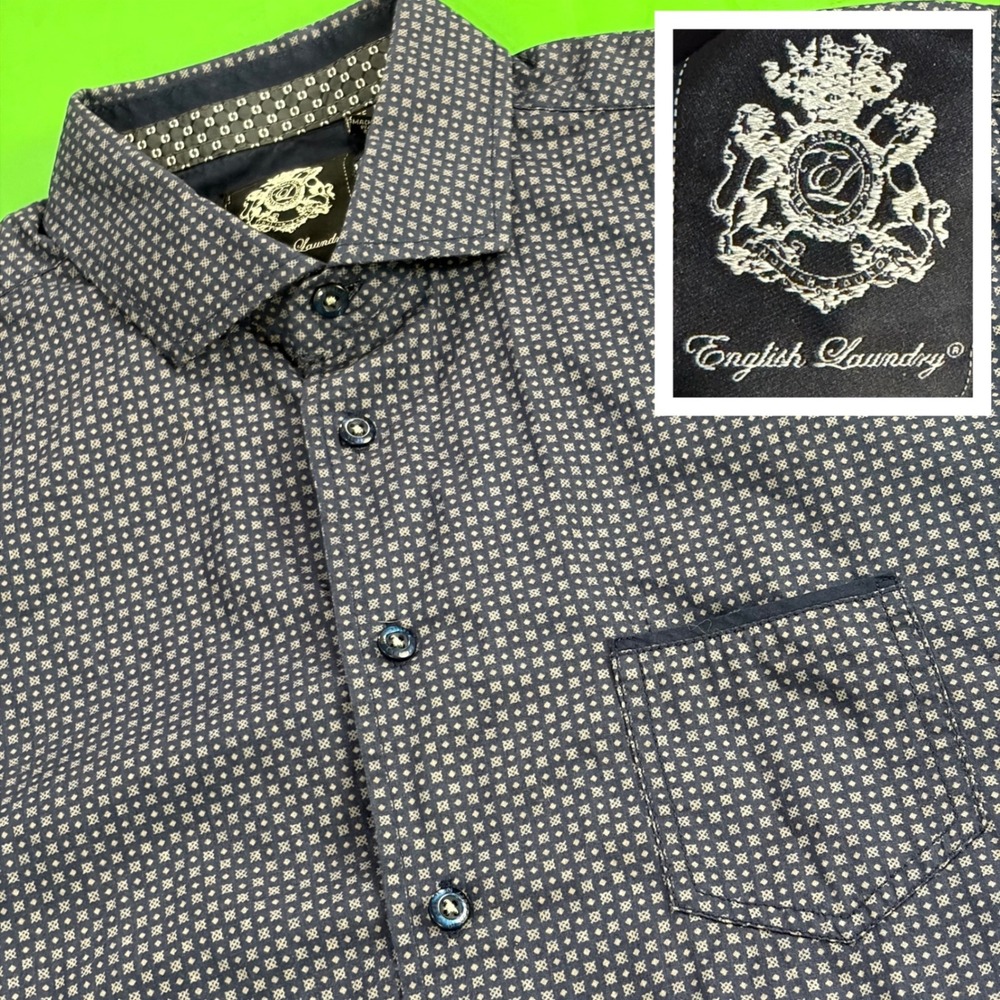 English Laundry Button Up Shirt Men M Blue Micro Geometric Diamond AOP SS Pocket